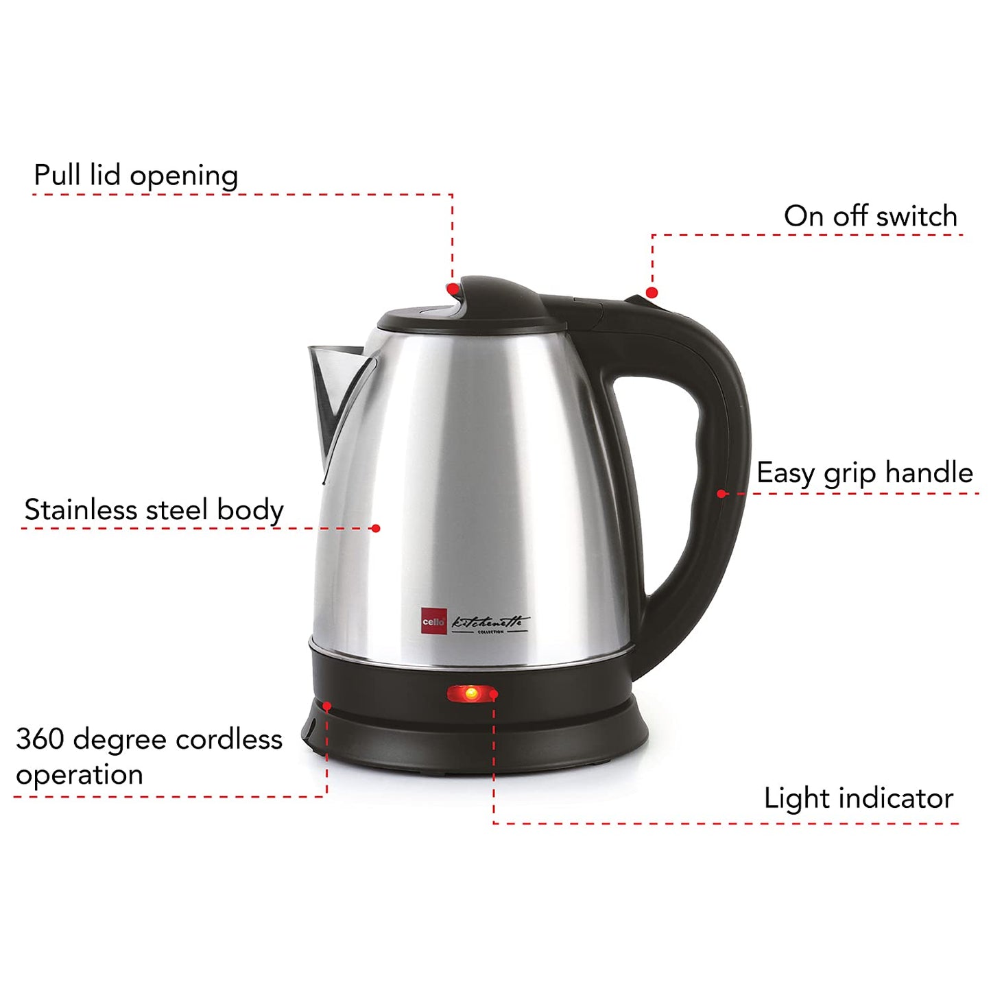 Seasons black electric kettle with 1.5-liter capacity, quick boil feature, sleek design, ideal for boiling water efficiently.