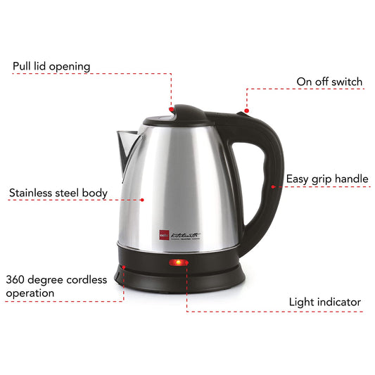 Seasons black electric kettle with 1.5-liter capacity, quick boil feature, sleek design, ideal for boiling water efficiently.