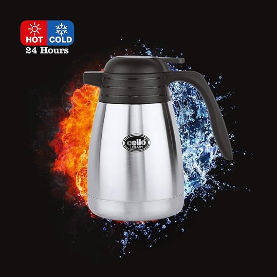 Silver steel Cello Legacy Vacusteel 1500 ml kettle by Seasons, featuring a sleek design and sturdy construction.