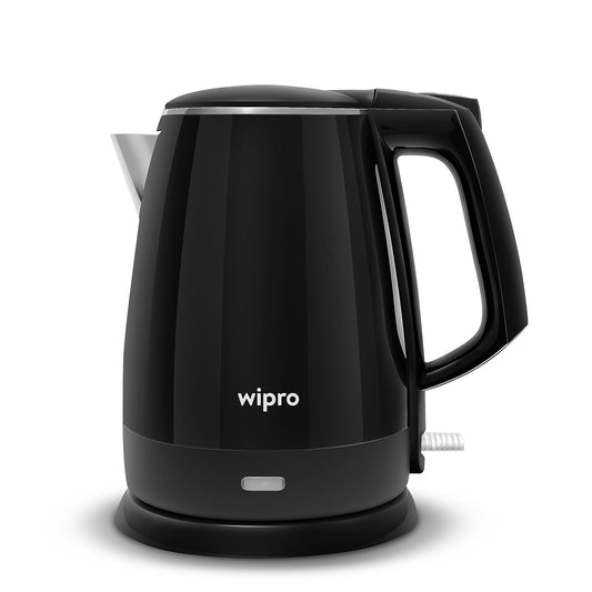 Seasons Wipro BK205 electric kettle in black, 1.5-liter capacity, with a sleek design and ergonomic handle for boiling water.