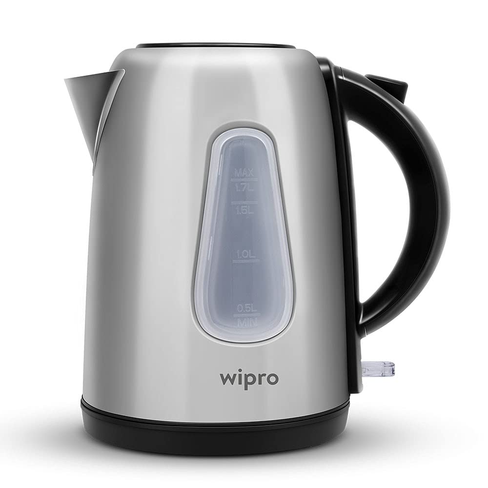 Seasons Wipro Vesta 1.7L black electric kettle with a sleek design and handle, ready for boiling water.