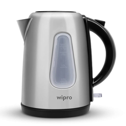Seasons Wipro Vesta 1.7L black electric kettle with a sleek design and handle, ready for boiling water.