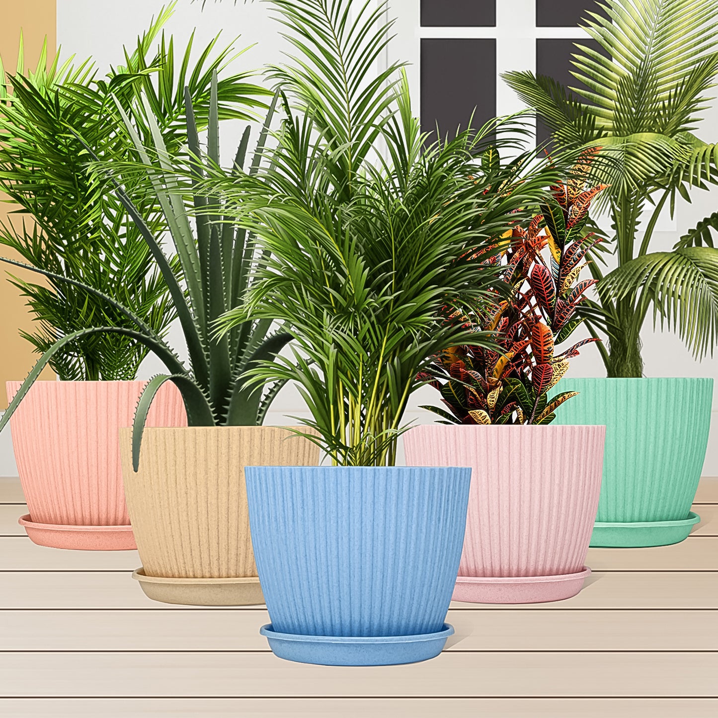 Set of five Wukusy plastic flower pots with matching bottom trays, suitable for indoor or outdoor plants.