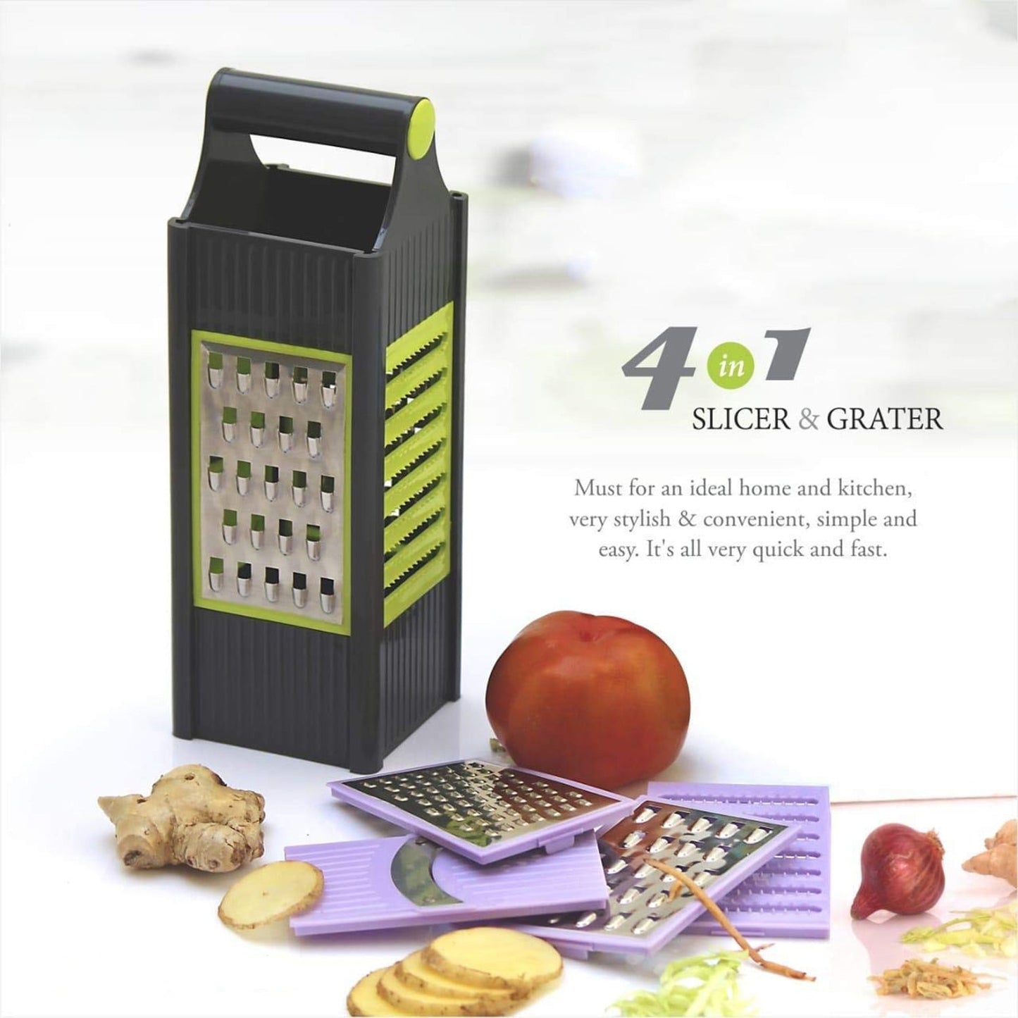 Wukusy 2650 4-in-1 plastic vegetable and fruit grater and slicer with multiple blades for kitchen prep.