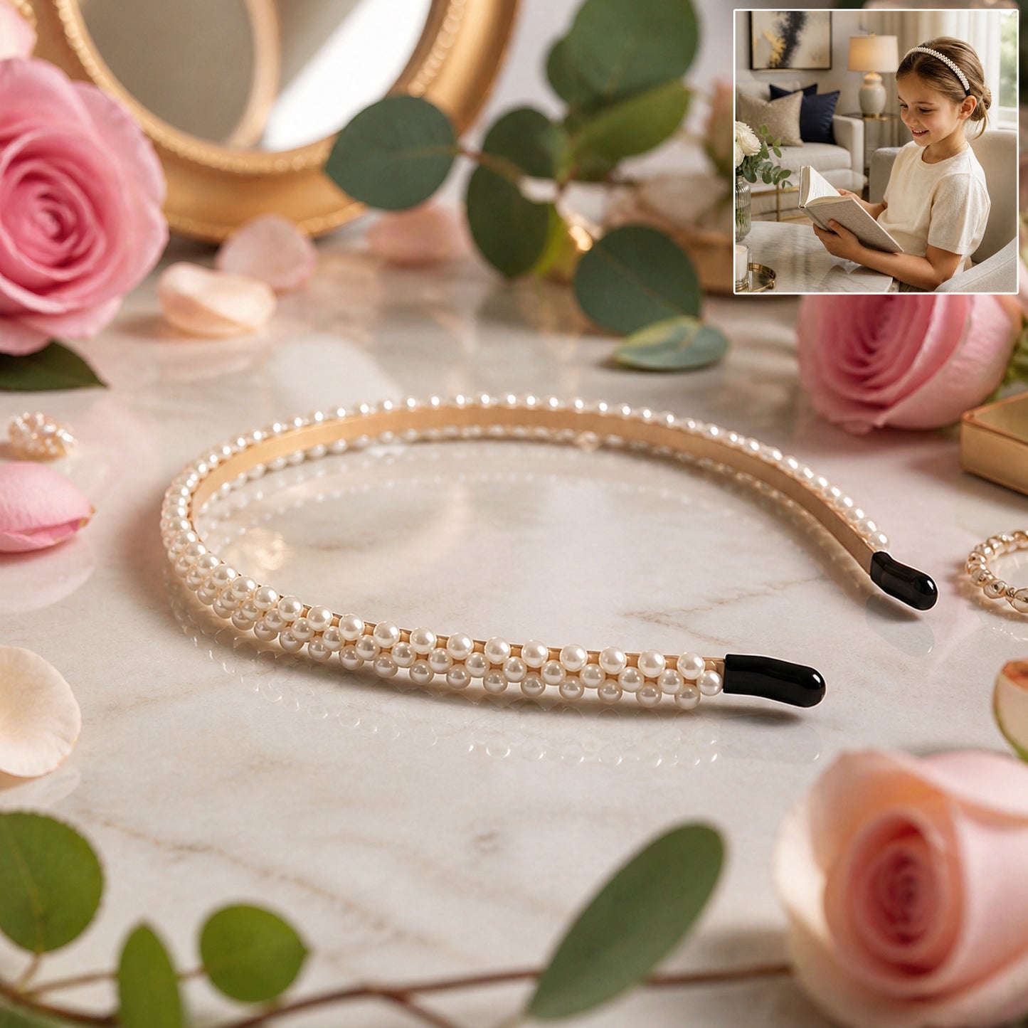 Elegant Wukusy slim pearl hairband for women, showcasing a stylish designer headband with pearls on a sleek band.