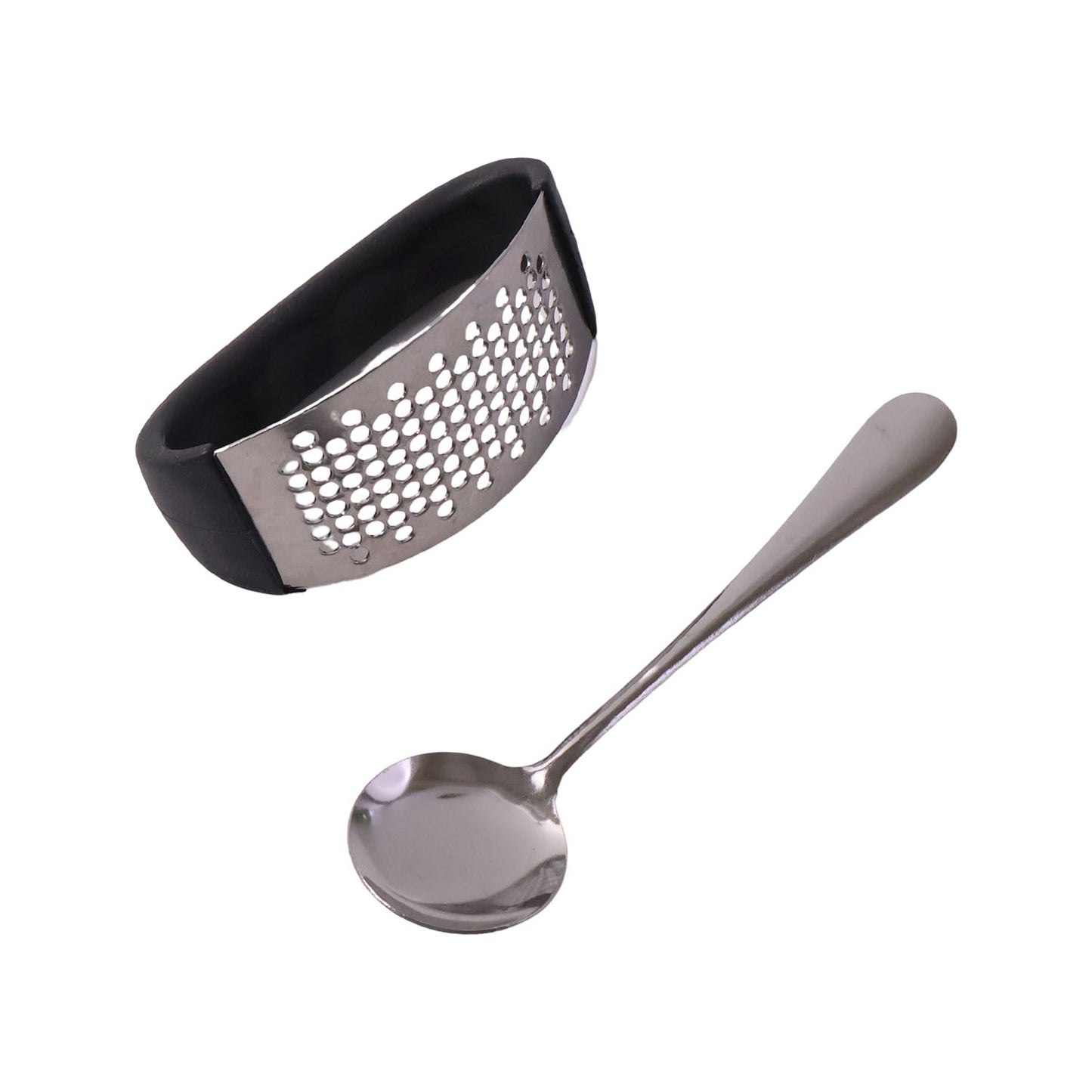 Wukusy heavy-duty garlic press tool with built-in spoon in a 2-piece set, stainless steel construction for efficient garlic crushing.
