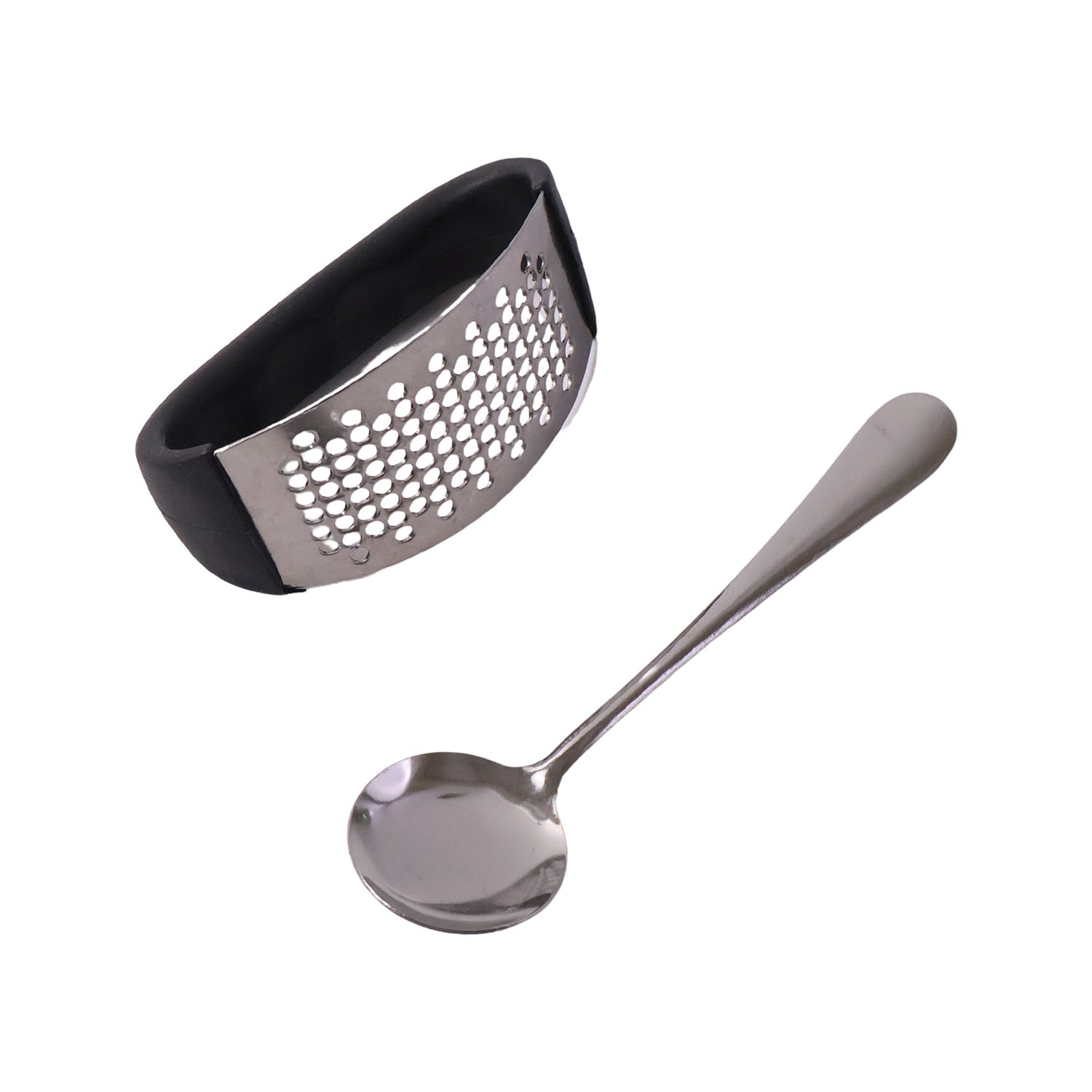 Wukusy heavy-duty garlic press tool with built-in spoon in a 2-piece set, stainless steel construction for efficient garlic crushing.