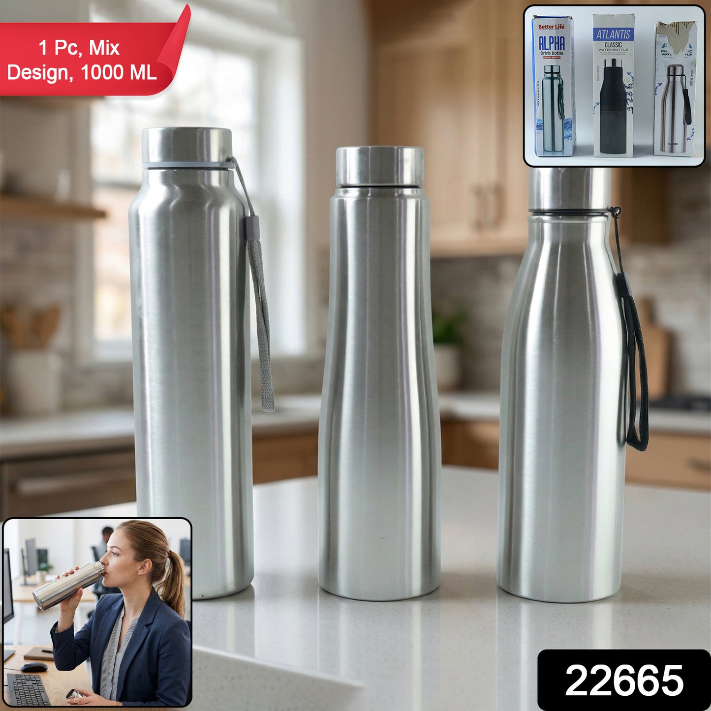 Wukusy premium stainless steel water bottle, 1000ml capacity, sleek mix design, reusable and durable for daily hydration.