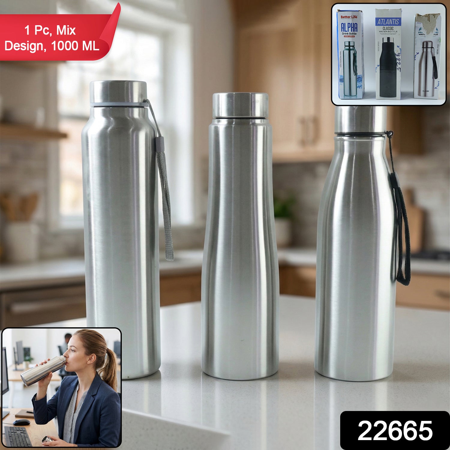Wukusy premium stainless steel water bottle, 1000ml capacity, sleek mix design, reusable and durable for daily hydration.