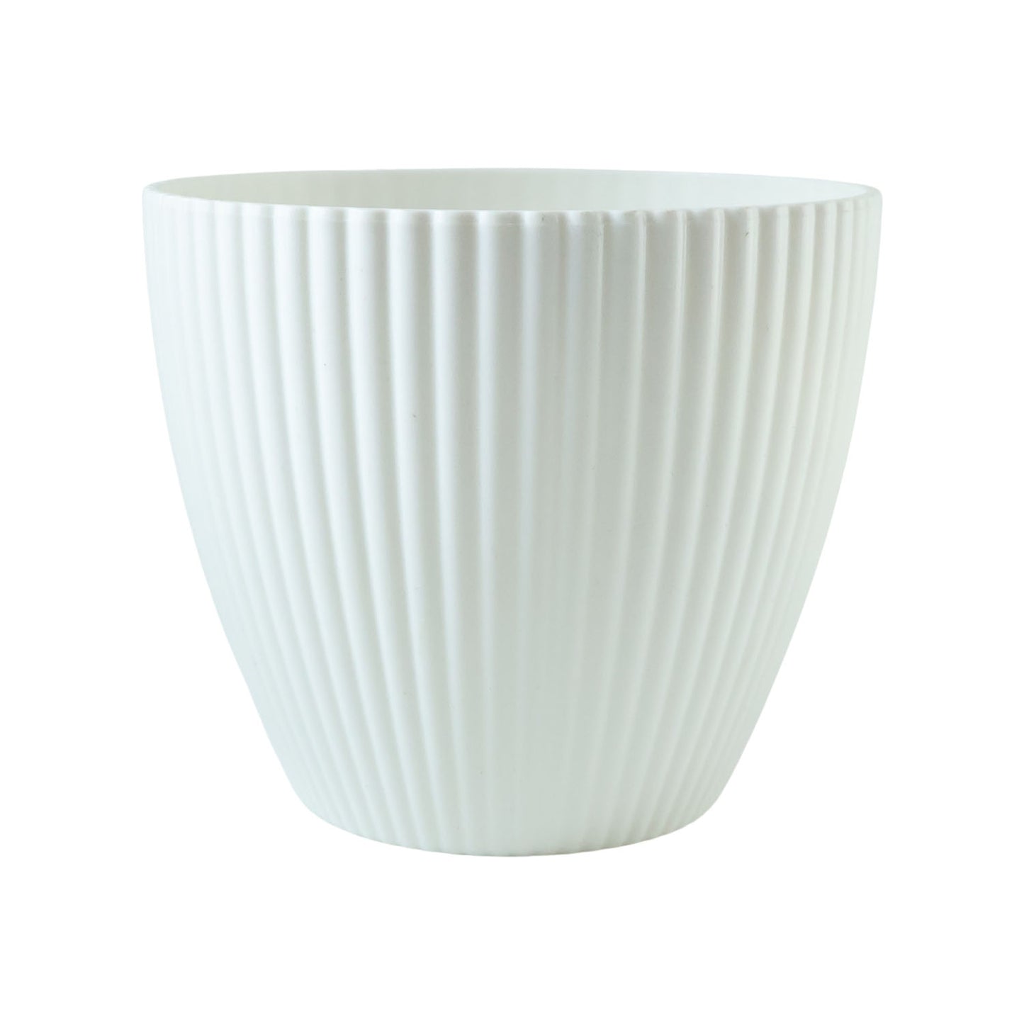 White ribbed decorative flower pot by Wukusy, showcasing a smooth, glossy finish and elegant design for indoor or outdoor plants.