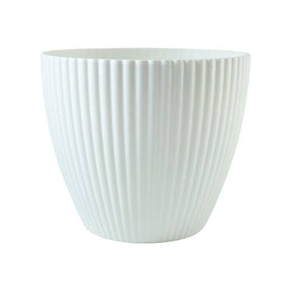 White ribbed decorative flower pot by Wukusy, showcasing a smooth, glossy finish and elegant design for indoor or outdoor plants.