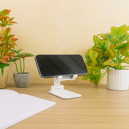 Wukusy adjustable foldable desktop mobile stand holding a smartphone, designed for hands-free viewing and easy portability.