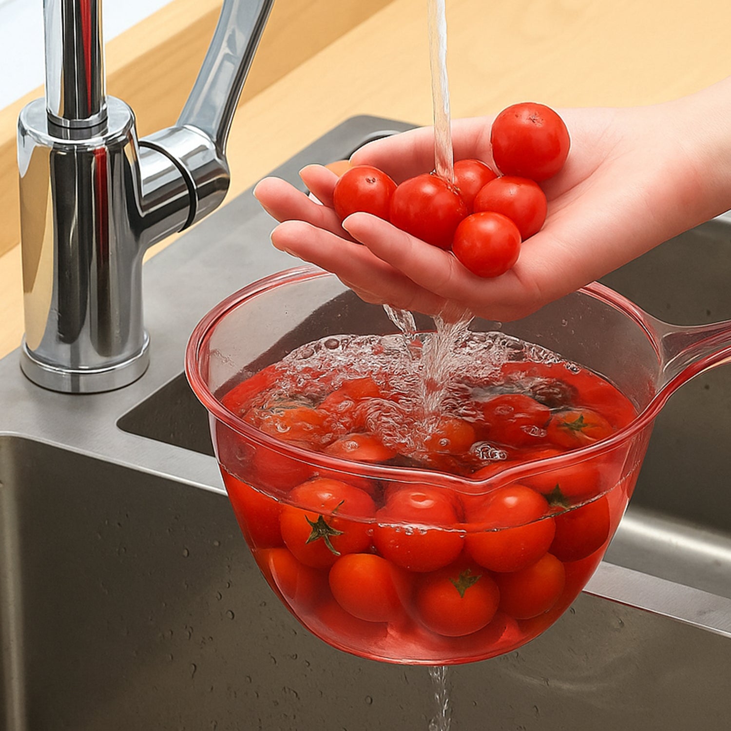 Wukusy multipurpose kitchen washing and straining bowl, 1100 ml capacity, with drainage holes for rinsing vegetables and draining pasta.