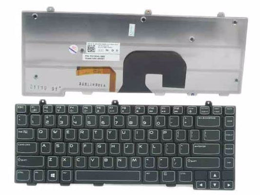 Black Dell Alienware M14x backlit laptop keyboard by Seasons, showing internal view of the keyboard with keys and backlighting.