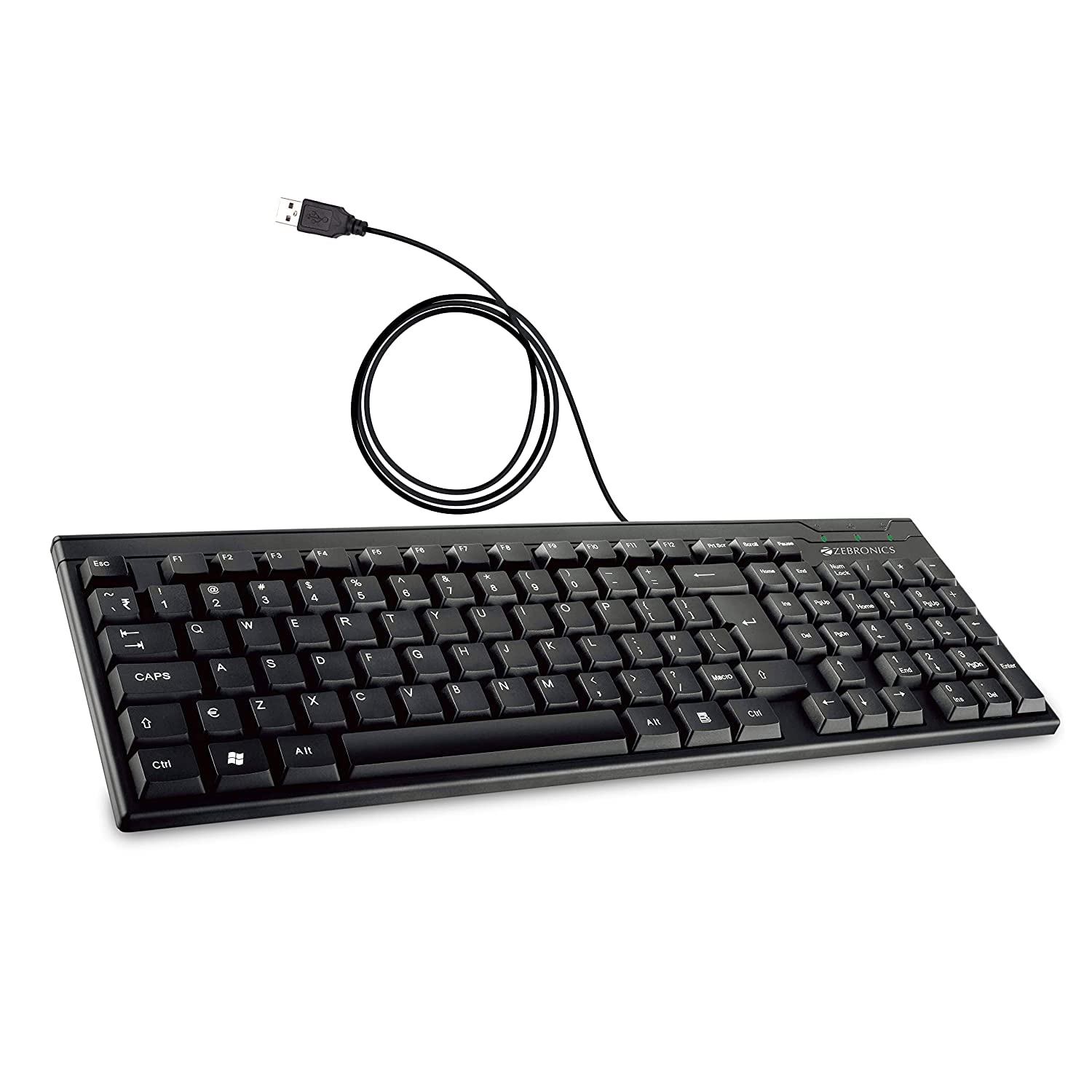 Black Zebronics K-35 wired USB multi-device keyboard showing keys and compact design for versatile use.