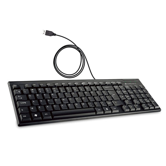 Black Zebronics K-35 wired USB multi-device keyboard showing keys and compact design for versatile use.