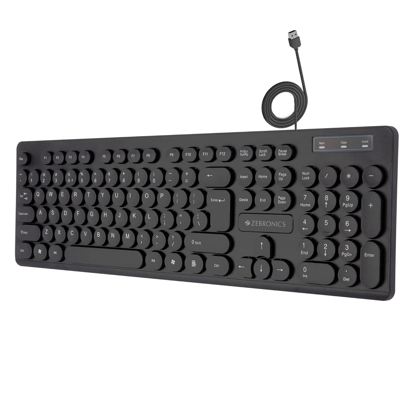Seasons Zebronics ZEB-K24 black wired desktop keyboard with slim design, retractable stand, textured cable, and chiclet keys.