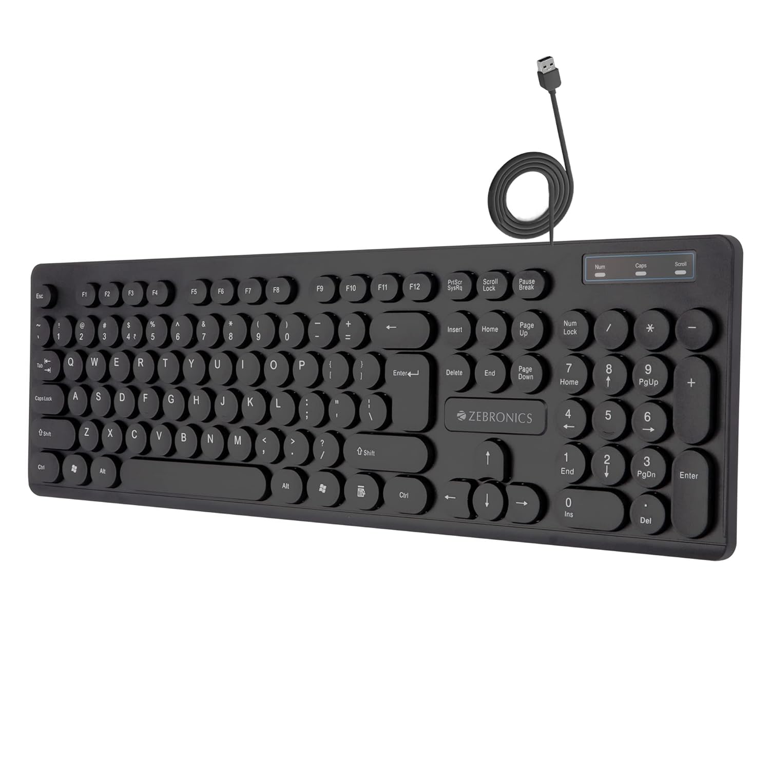 Seasons Zebronics ZEB-K24 black wired desktop keyboard with slim design, retractable stand, textured cable, and chiclet keys.