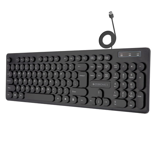 Seasons Zebronics ZEB-K24 black wired desktop keyboard with slim design, retractable stand, textured cable, and chiclet keys.