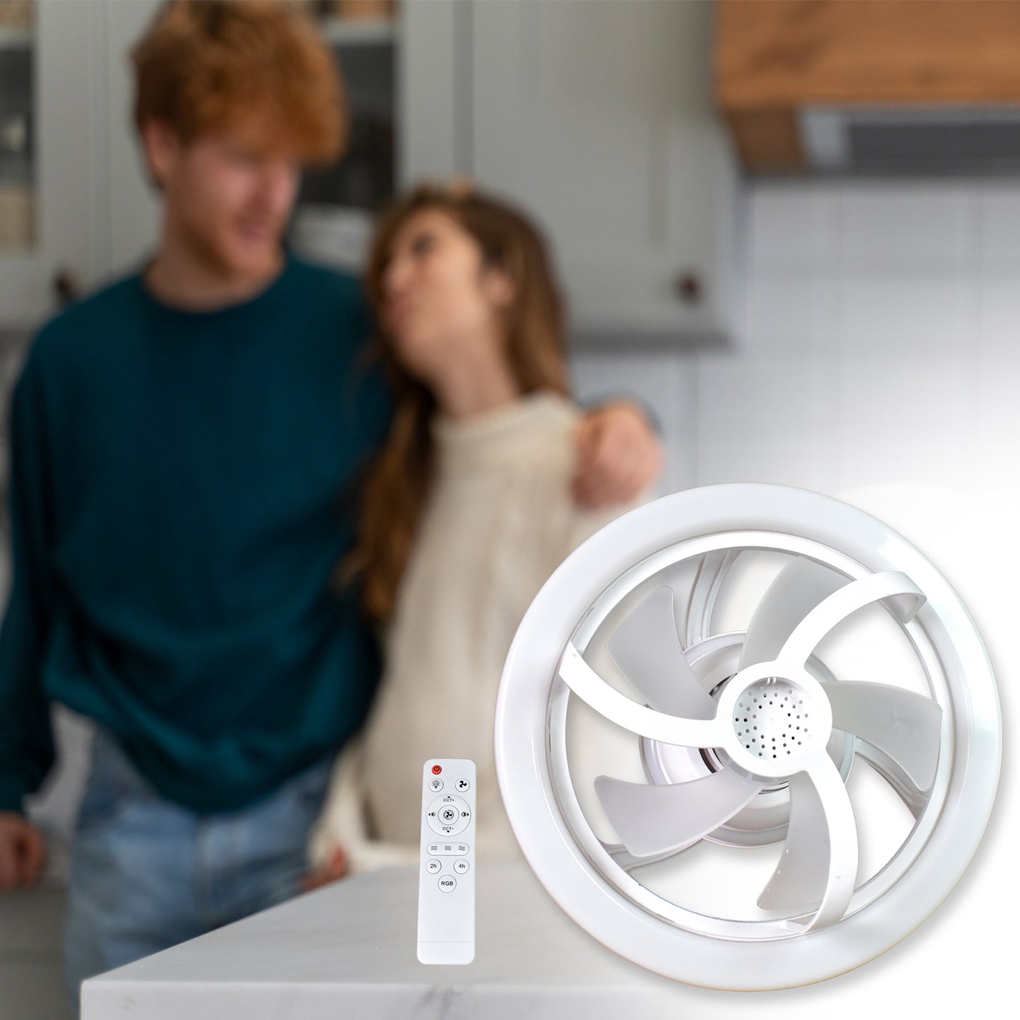 Wukusy 360 rotation office ceiling fan with light and remote control, showing the fan blades and modern design.