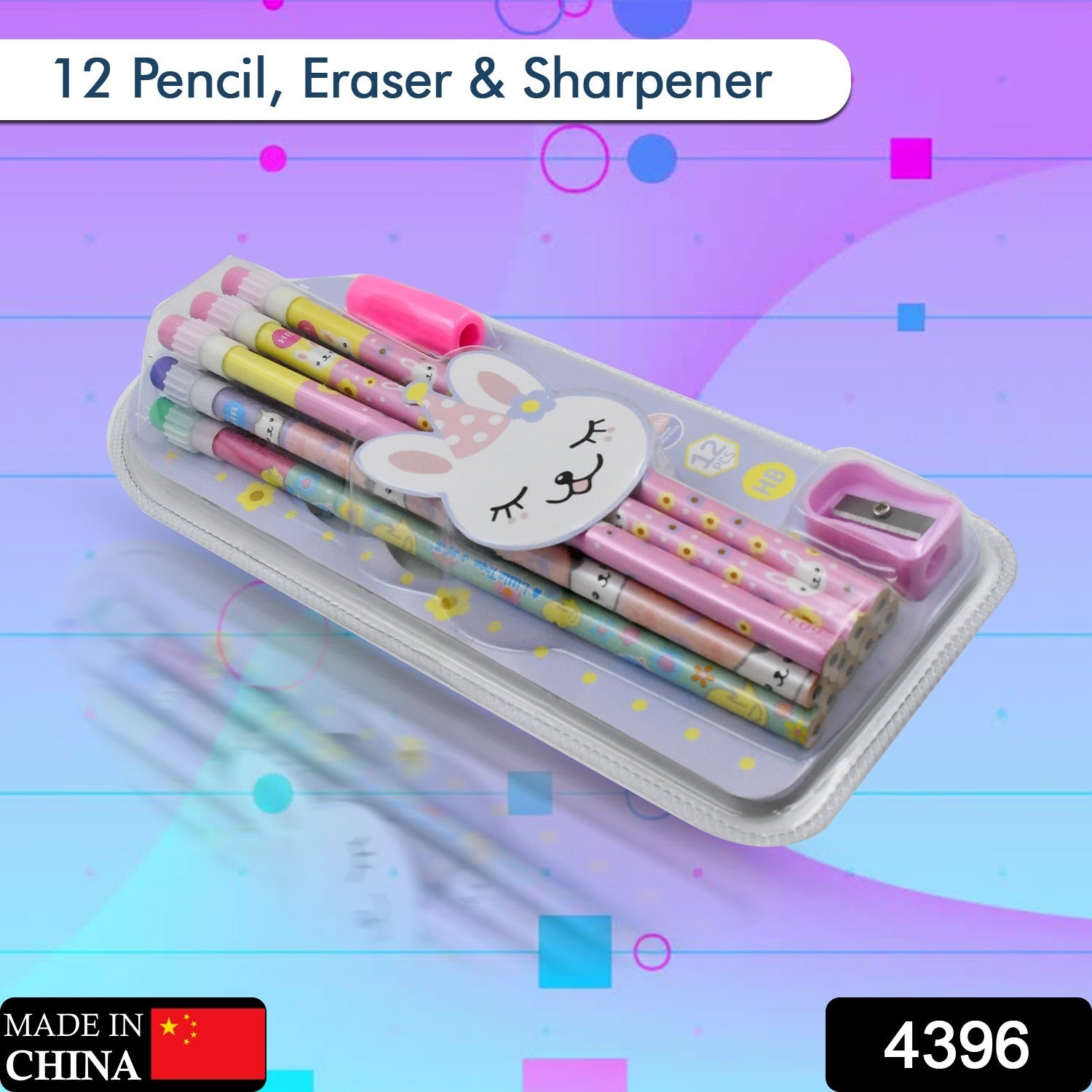 Wukusy 14-piece kids' graphite pencil set featuring cute rabbit and bear drawings, including sharpeners, erasers, and decorative stationery.