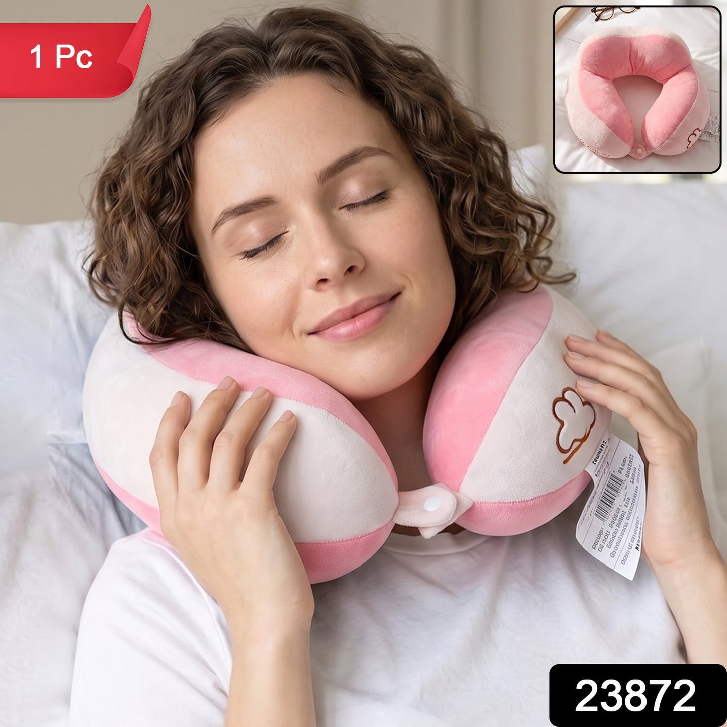 Wukusy U-shaped travel neck pillow in soft plush pink and white, providing head and neck support for comfort during travel