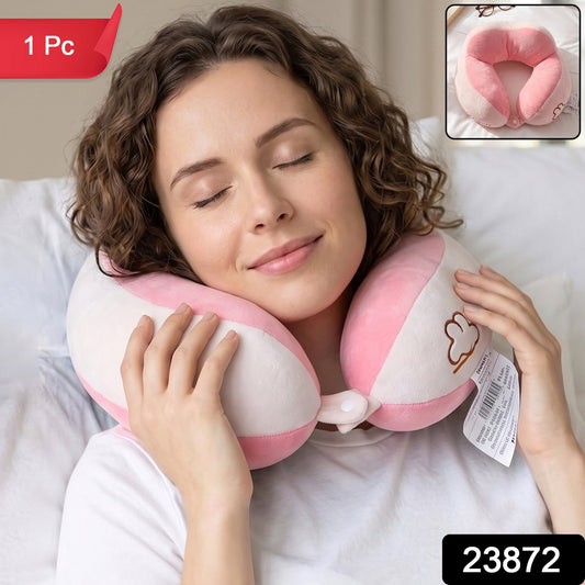 Wukusy U-shaped travel neck pillow in soft plush pink and white, providing head and neck support for comfort during travel