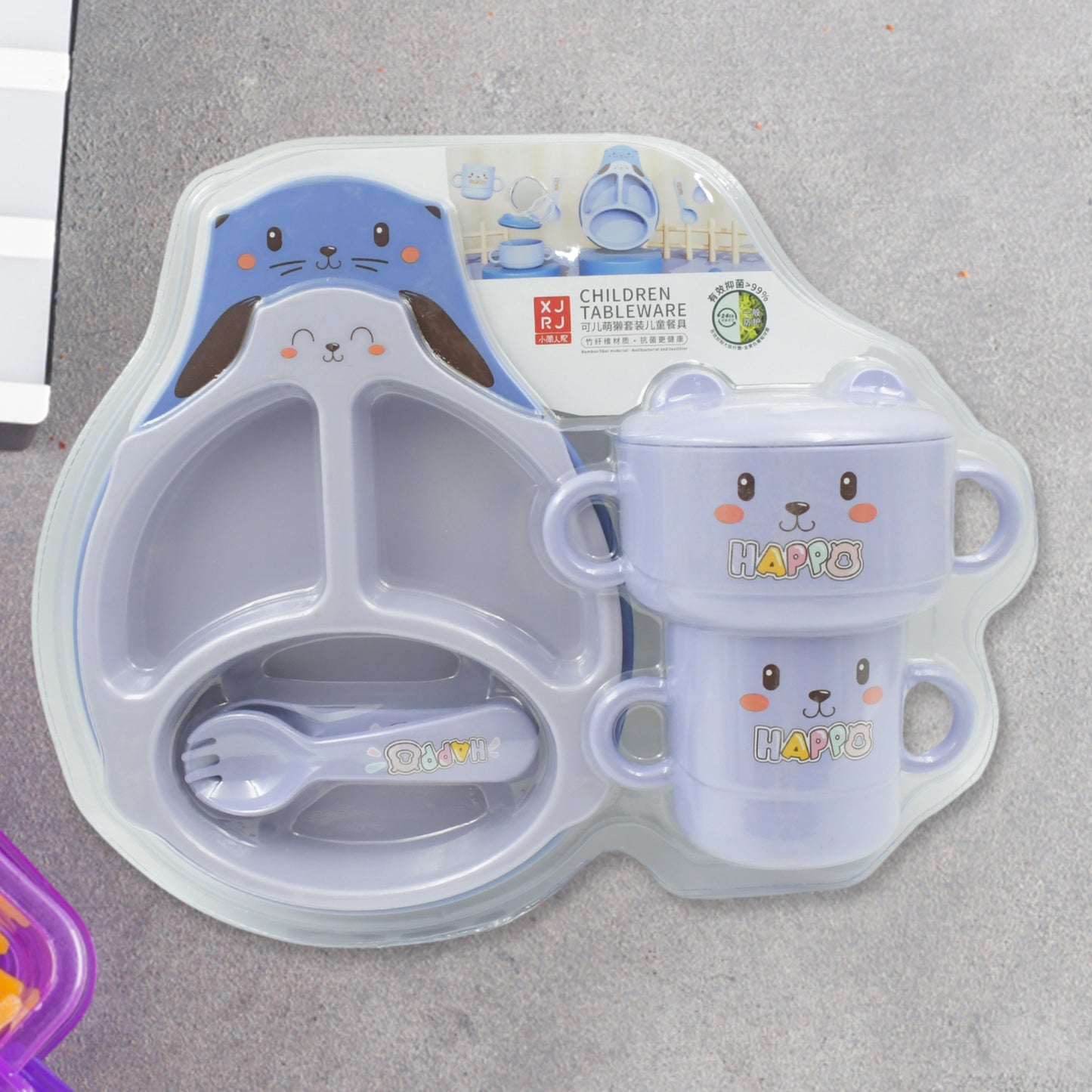 Wukusy bamboo fiber baby feeding set with cartoon design, includes plate, cup, spoon, fork, chopsticks for kids, dishwasher safe
