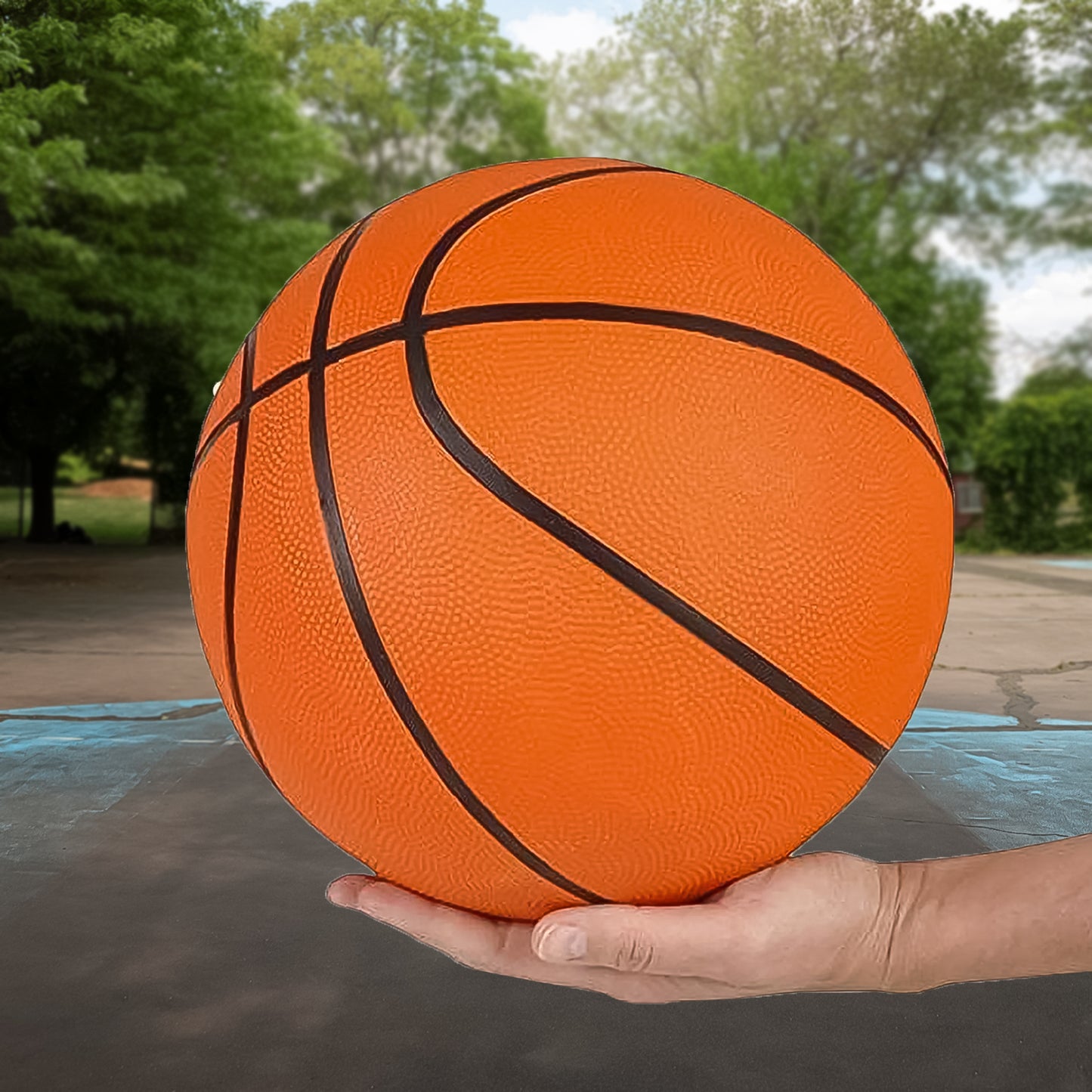 Wukusy mini bouncy basketball toy suitable for sports play, shown bouncing on a colorful court surface.