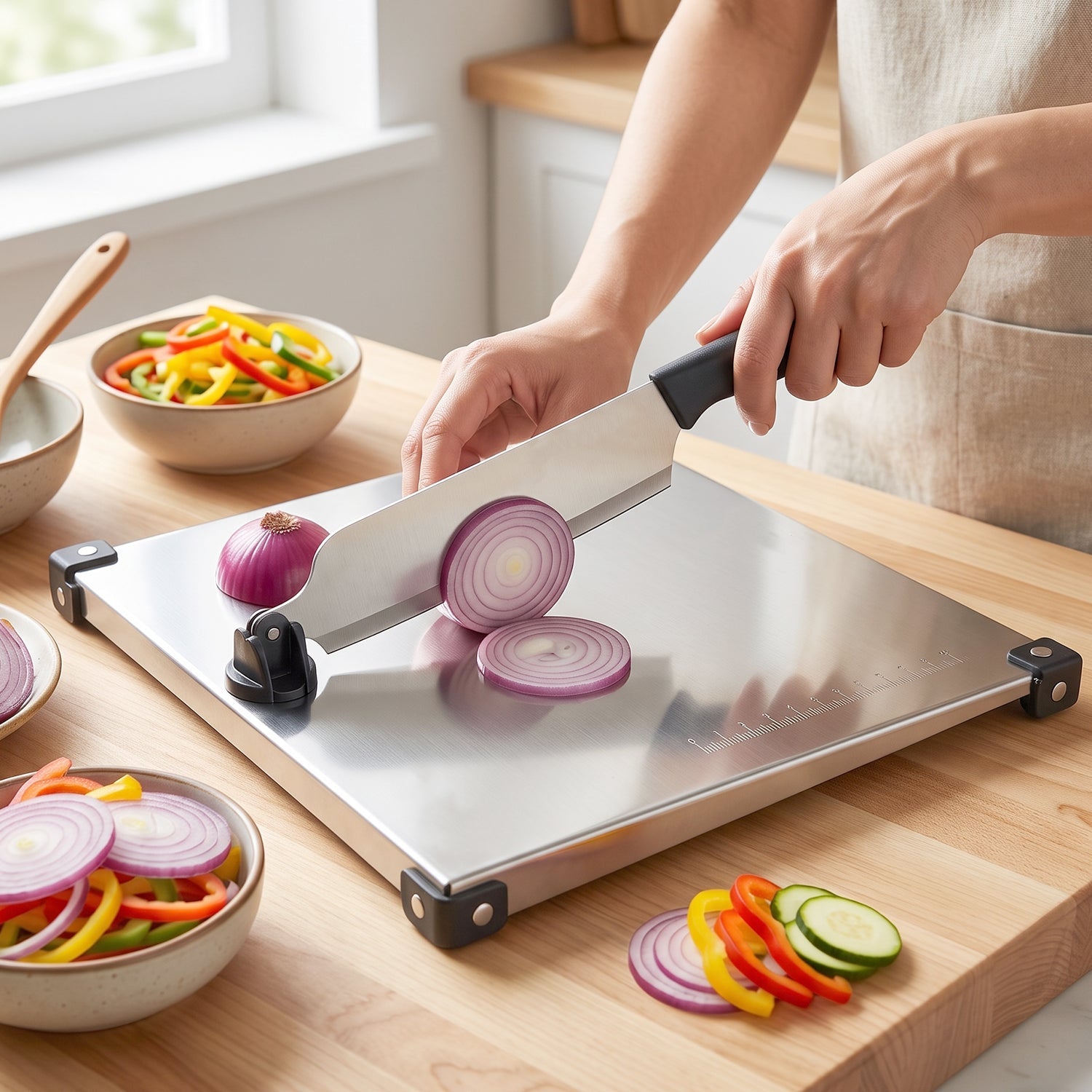 Wukusy stainless steel 2-in-1 cut and chop board with knife and sharpener, showing the sleek kitchen set with tools and cutting surface.