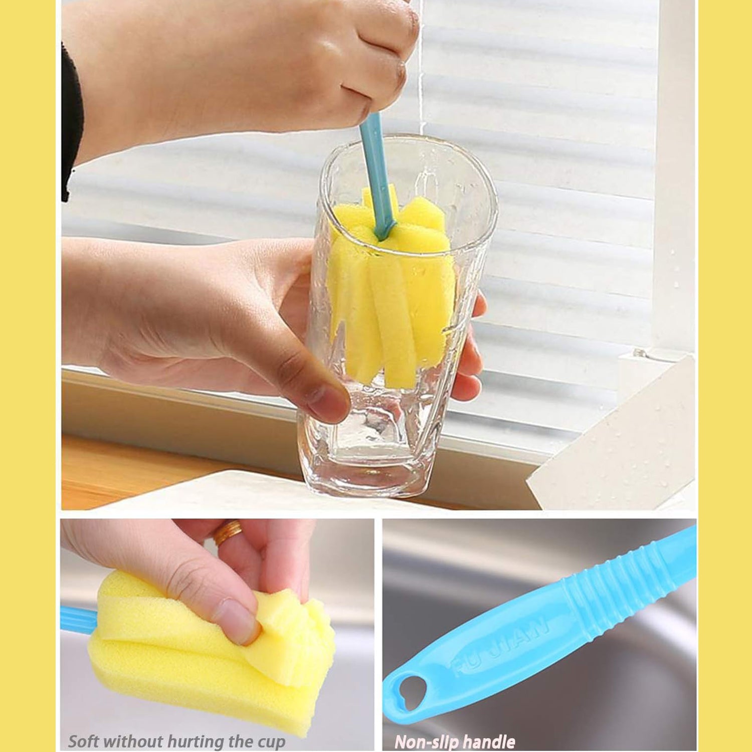 Wukusy 20cm sponge cup washing brush with soft cleaning head, ideal for milk bottles, tea cups, and kitchen cleaning tasks.