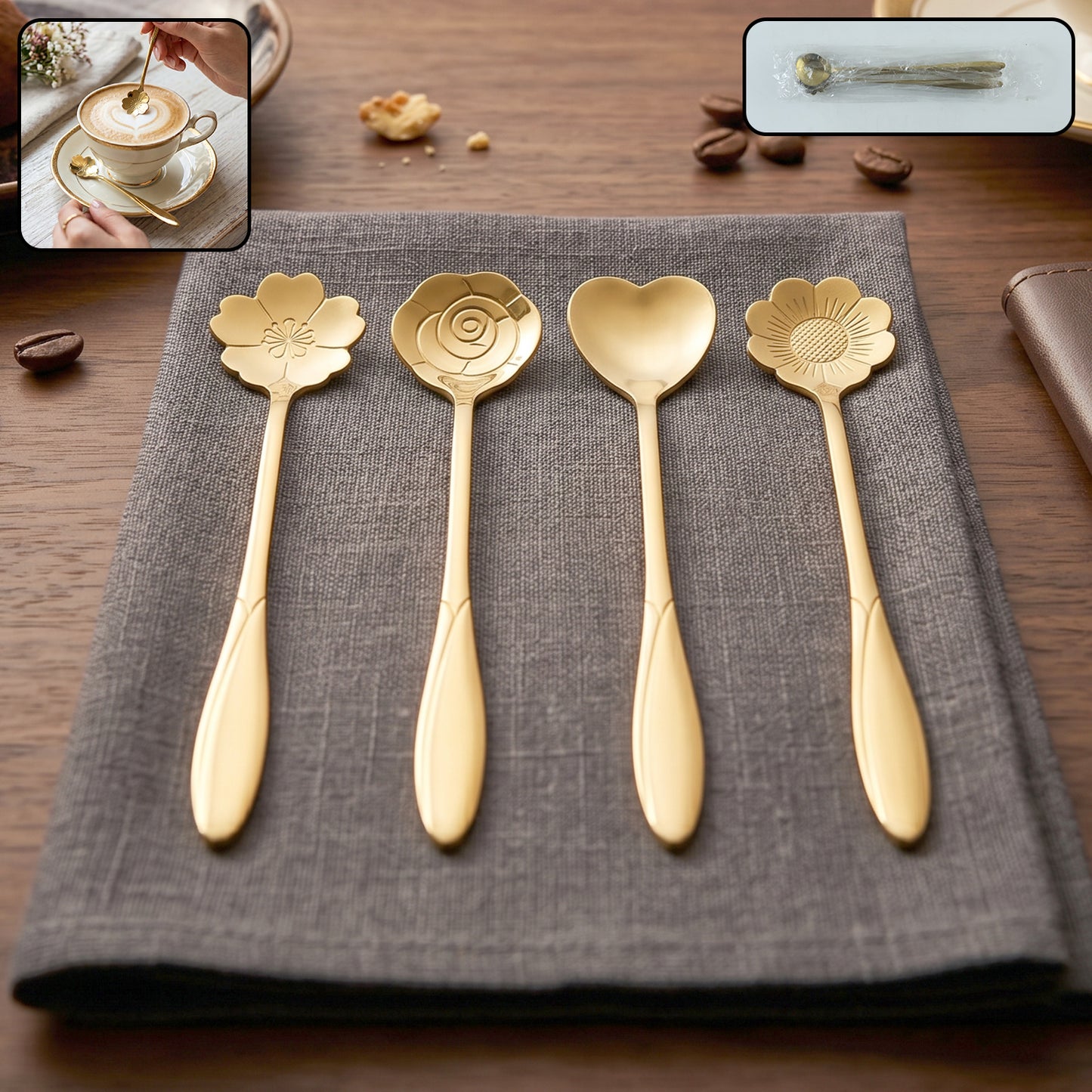 Set of four Wukusy golden mini serving spoons for desserts, tea, and coffee, made of steel, ideal for home use.