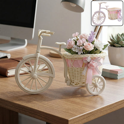 Decorative bicycle flower pot with basket by Wukusy, featuring a vintage-style design and space for small plants or flowers.
