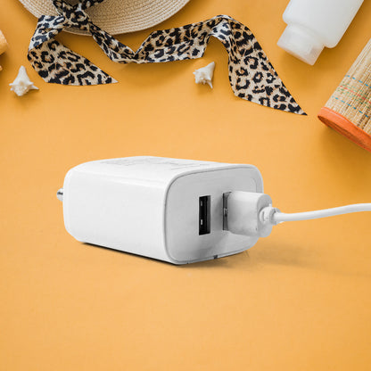 Wukusy Iball dual USB wall charger with 5V 3.1A fast charging ports for mobile devices, shown connected to a smartphone.