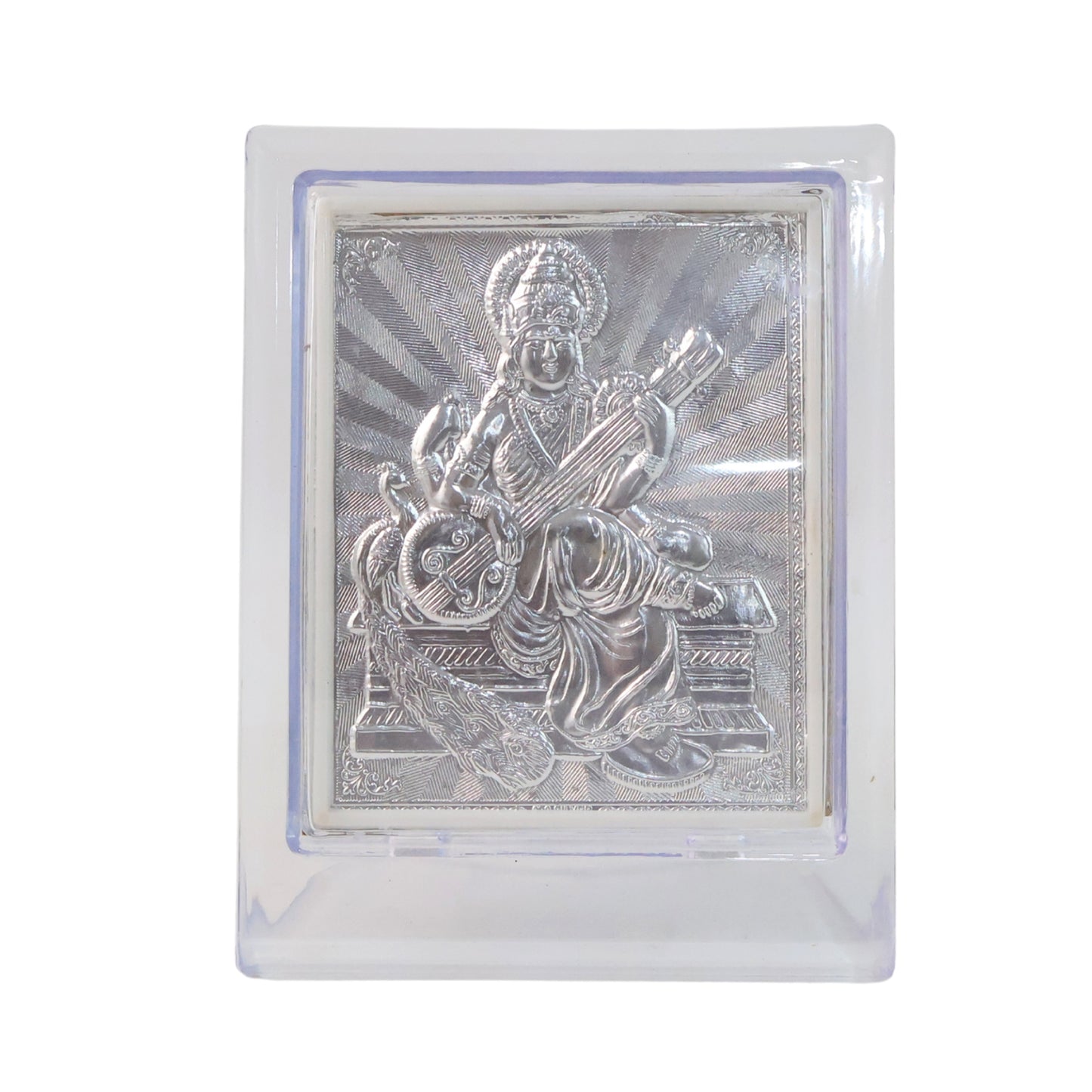 Elegant silver Saraswati Maa photo frame with stand, Wukusy home decor, showcasing intricate design and craftsmanship.