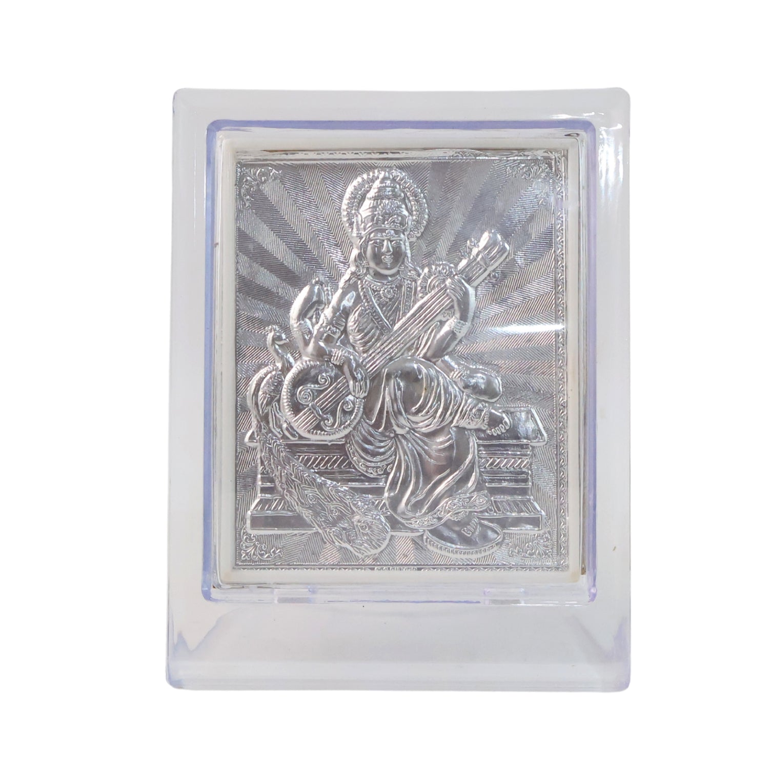 Elegant silver Saraswati Maa photo frame with stand, Wukusy home decor, showcasing intricate design and craftsmanship.