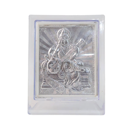 Elegant silver Saraswati Maa photo frame with stand, Wukusy home decor, showcasing intricate design and craftsmanship.