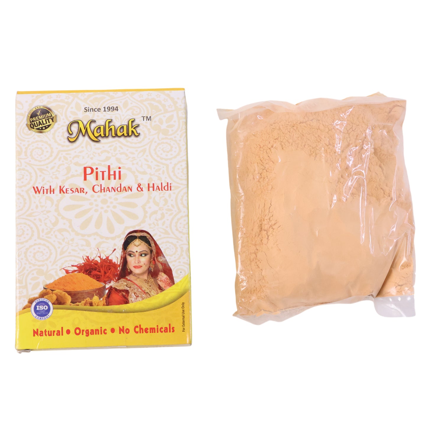 Traditional Mahak Pithi for face and body by Wukusy, 100g, with a natural, earthy powder appearance in a clear container.