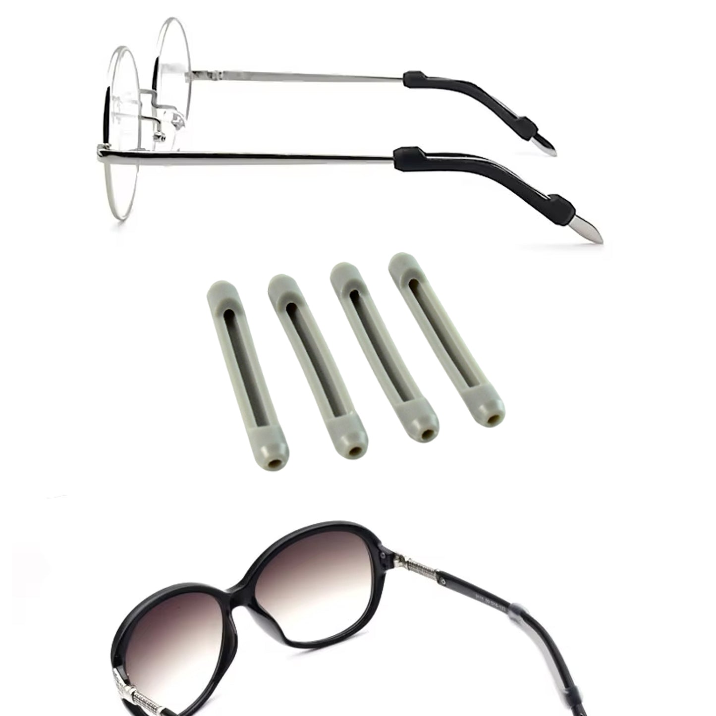 Wukusy anti-slip eyeglass temple tip sleeves on clear glasses, showing soft silicone tips for secure fit and comfort.