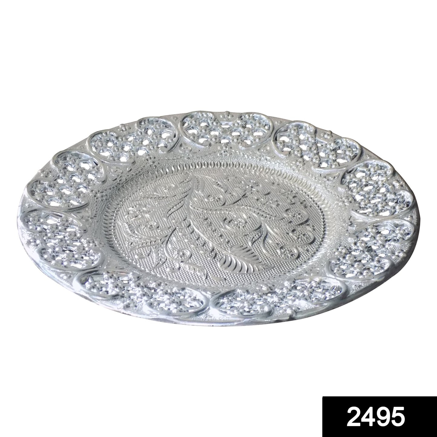 Silver-plated Swastik pooja thali set by Wukusy, glossy home decor puja thali for religious ceremonies and spiritual offerings.