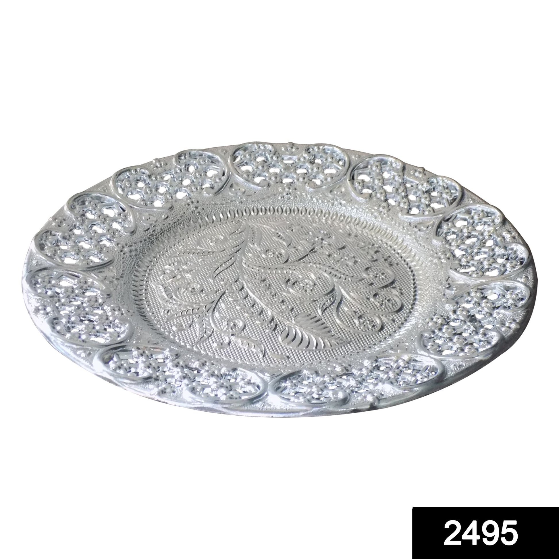 Silver-plated Swastik pooja thali set by Wukusy, glossy home decor puja thali for religious ceremonies and spiritual offerings.