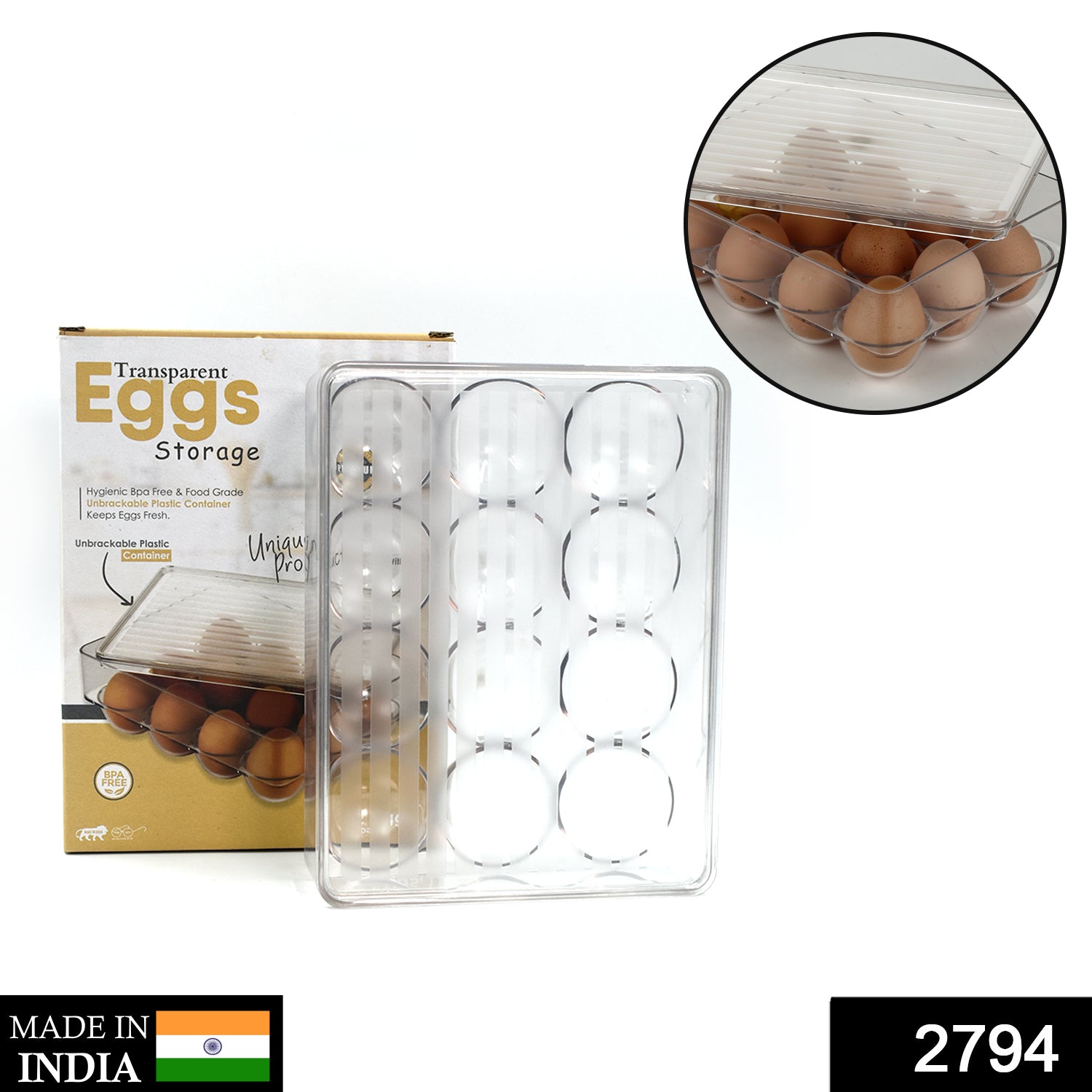 Wukusy 12-cavity egg storage box for securely holding eggs in a kitchen, with a clear plastic lid and easy-access design.