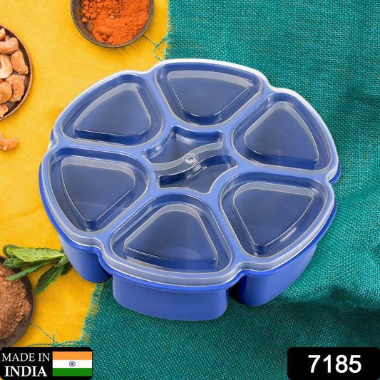 Wukusy 7185 plastic multipurpose masala spice box with 7 sections for kitchen storage, featuring a unique design and easy access.