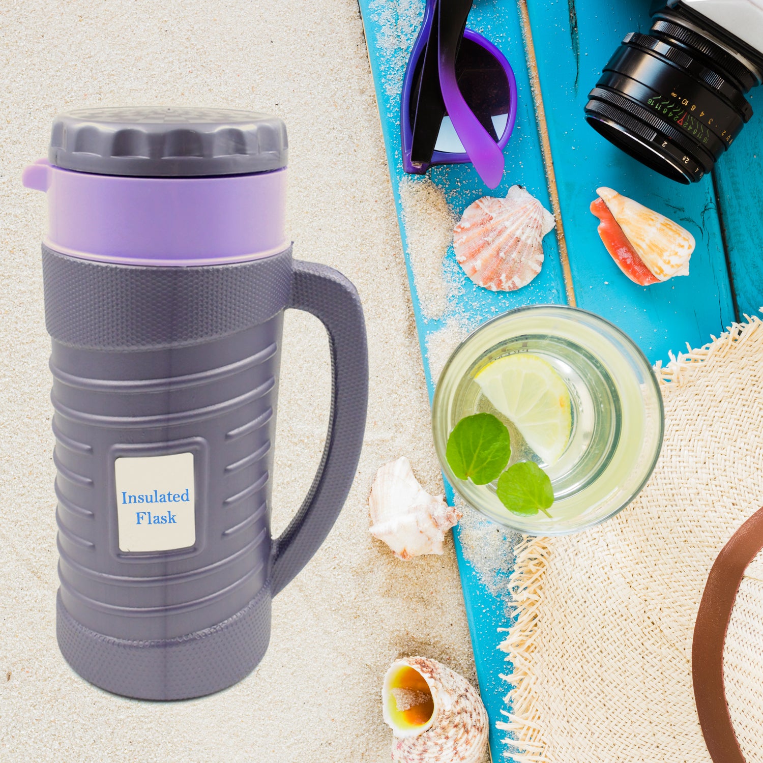 Wukusy insulated thermos flask with plastic inner and steel exterior, 1200ml capacity, leak-proof hot and cold beverage jug