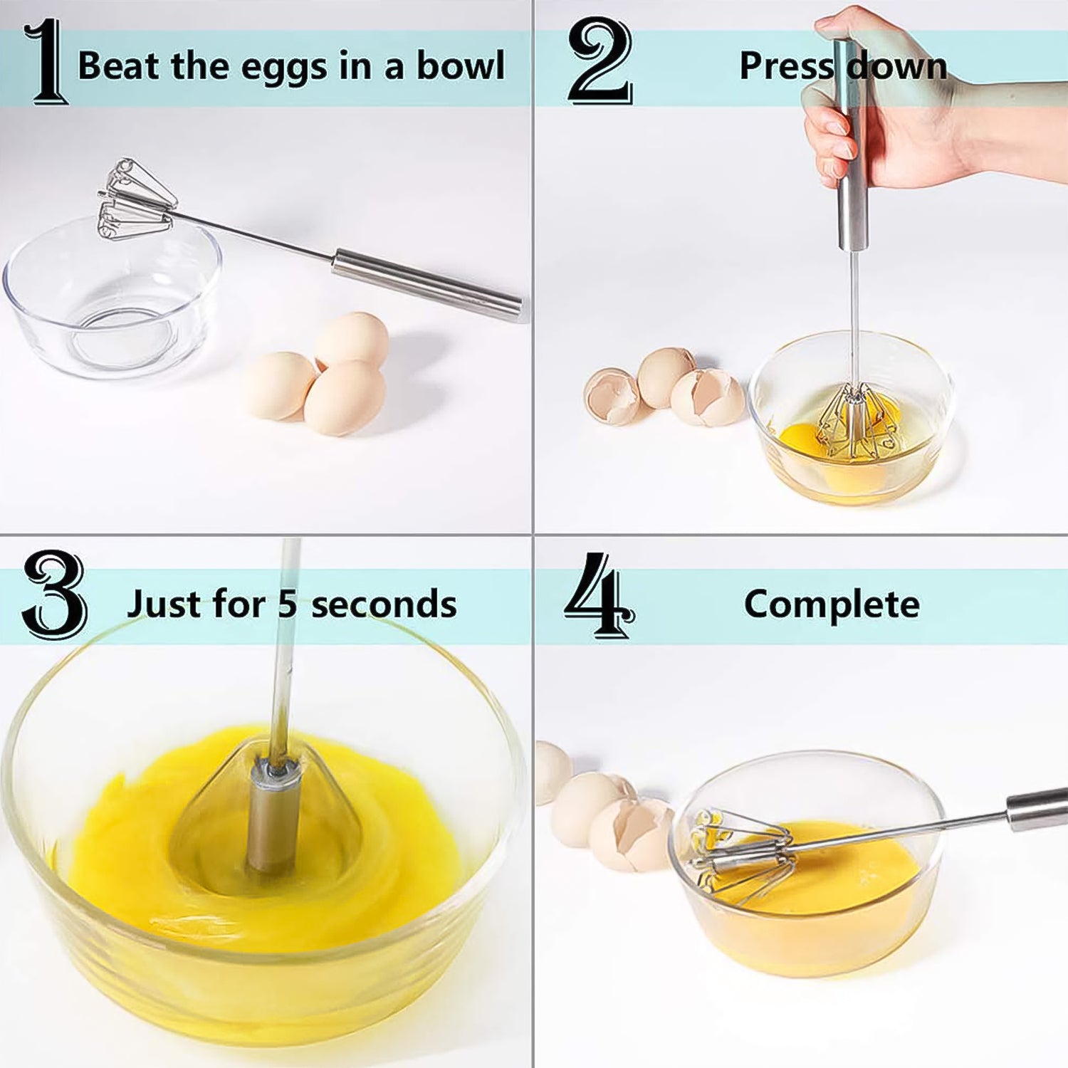 Wukusy hand push mixer egg whisk with stainless steel construction, ideal for mixing eggs and batter in the kitchen.