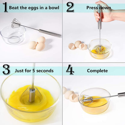 Wukusy hand push mixer egg whisk with stainless steel construction, ideal for mixing eggs and batter in the kitchen.