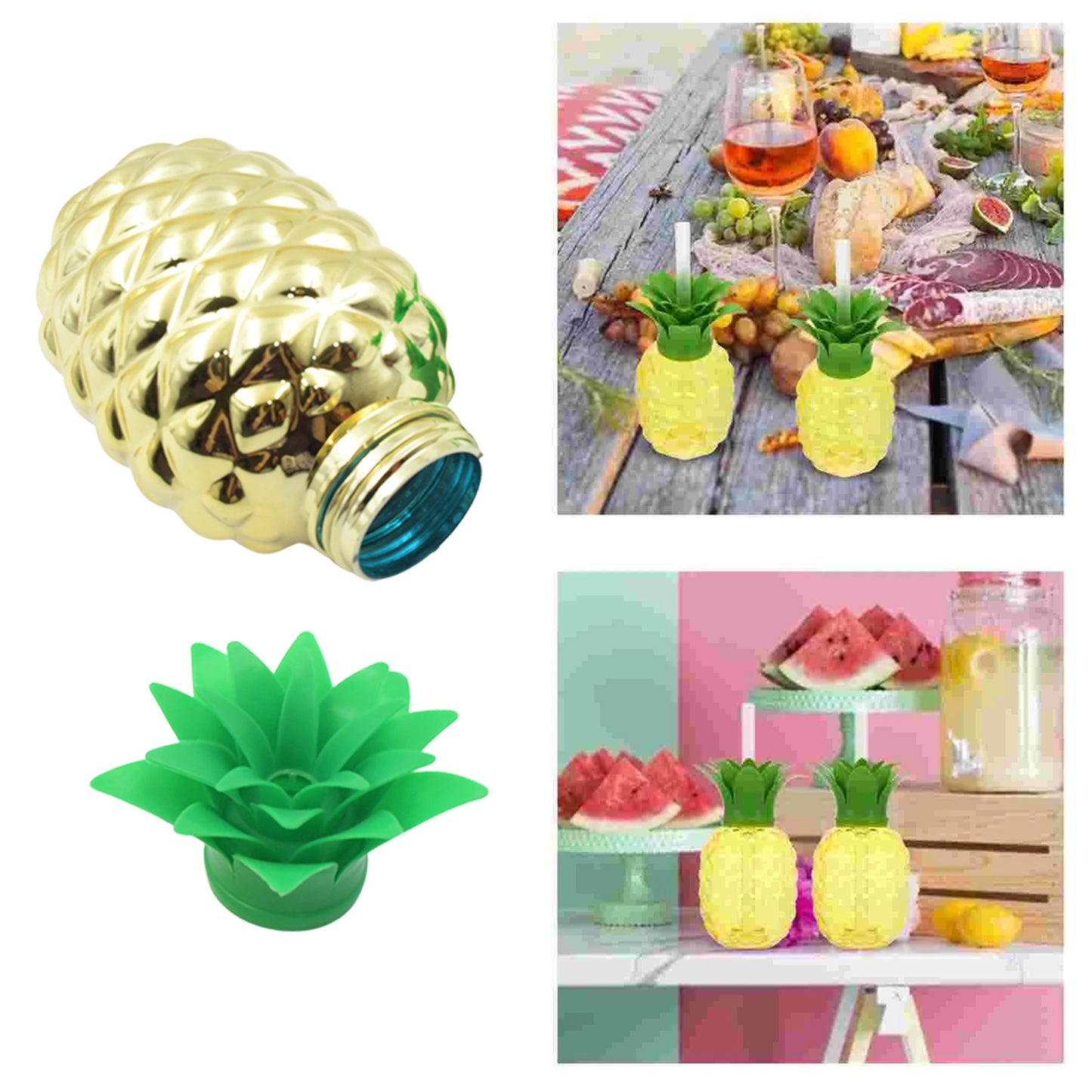 Wukusy plastic pineapple cup with straw and brown box, ideal for summer Hawaiian and beach party decorations for kids and adults.