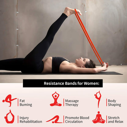 Wukusy heavy-duty resistance exercise band stretched out, showing its durable latex material and adjustable length for fitness workouts.