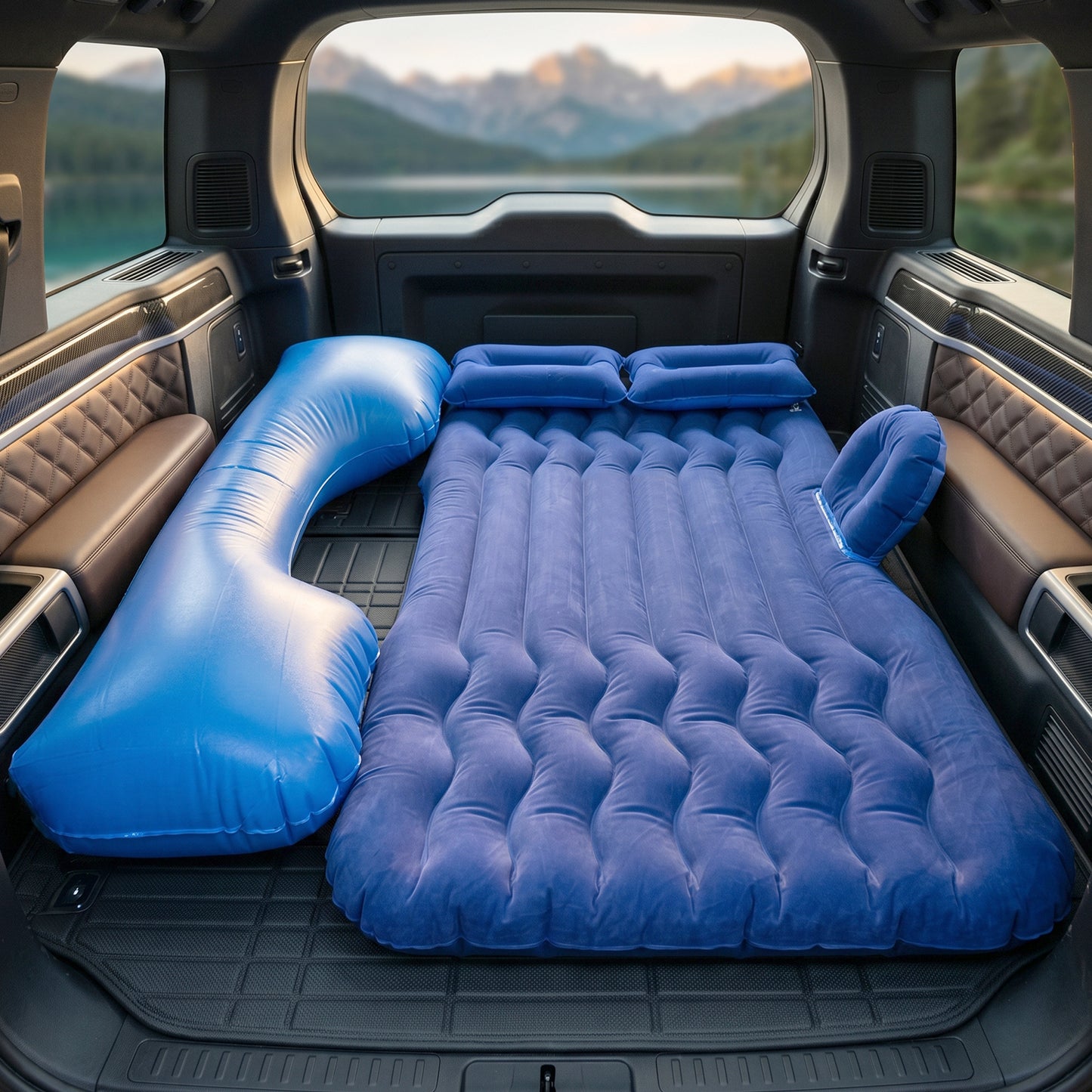 Wukusy portable dark blue car air mattress bed set with pump and pillows, fully inflated and ready for use in a vehicle.