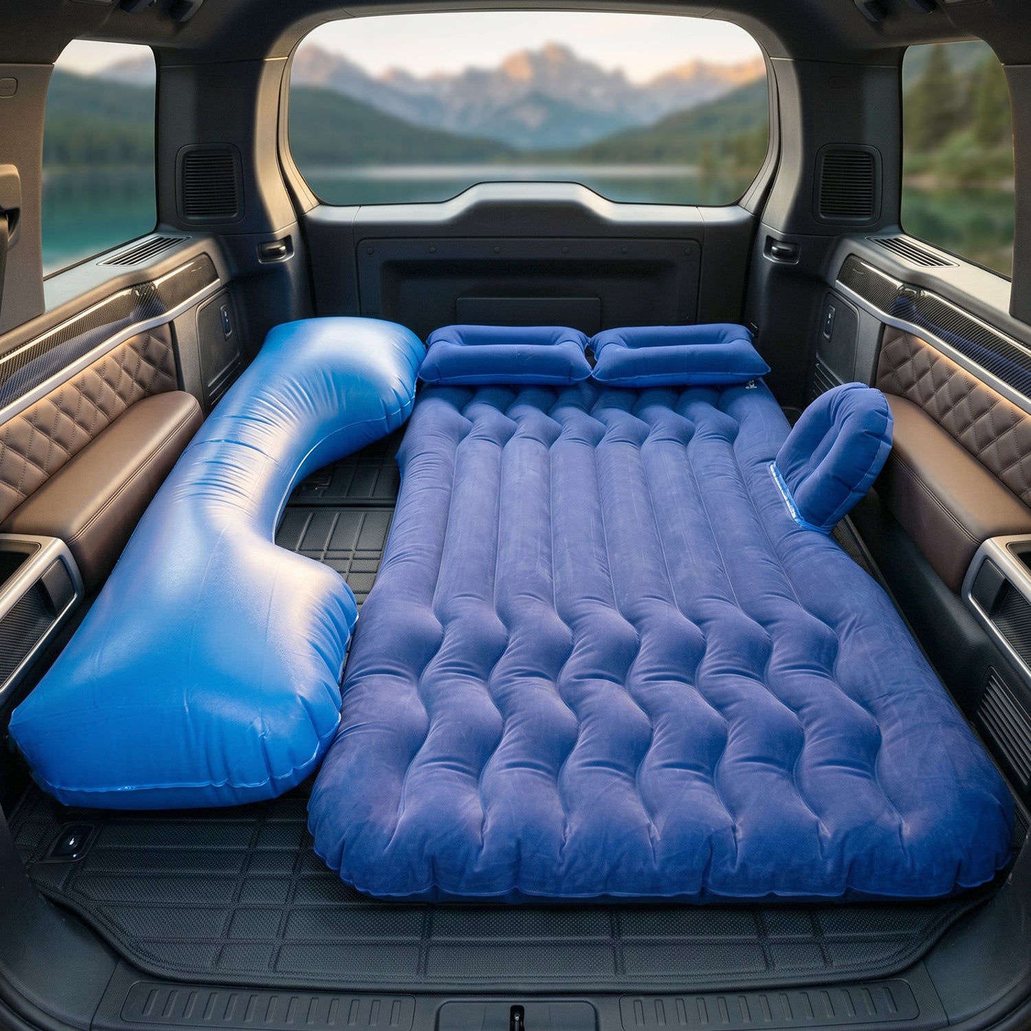 Wukusy portable dark blue car air mattress bed set with pump and pillows, fully inflated and ready for use in a vehicle.